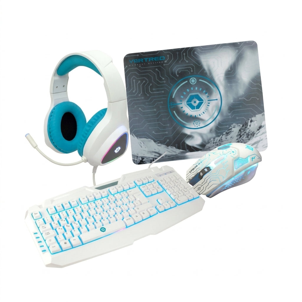 Kit Teclado y Mouse Gamer VORTRED V-930457, Blanco/Cian