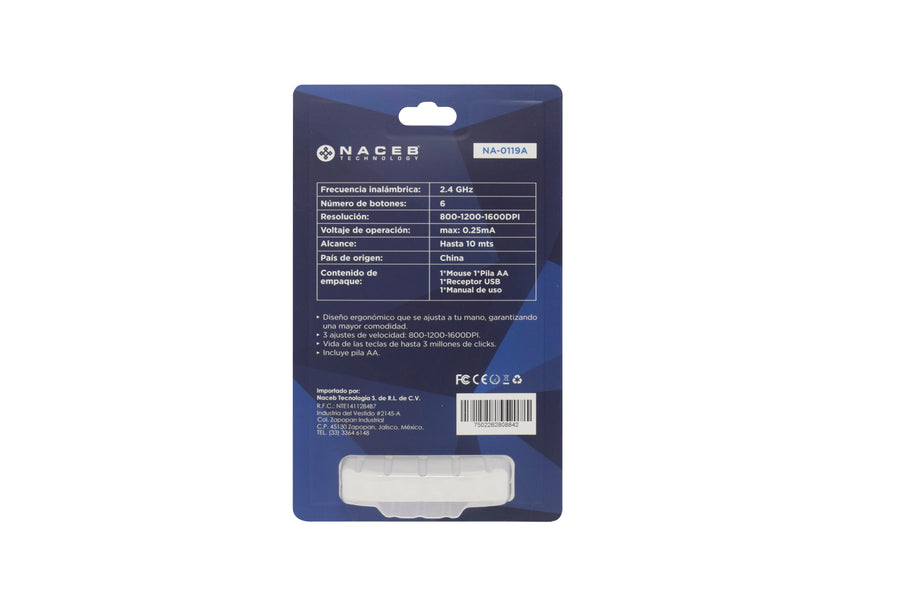 Mouse Naceb Technology NA-0119A Inalámbrico, 1200 - 2400 DPI, 6 Botones, Azul