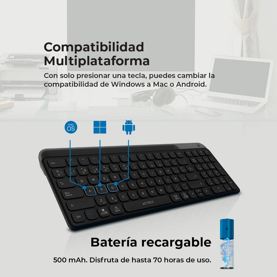 Teclado ACTECK TI747 Inalámbrico, Bluetooth 5.1/2.4 MHz, Negro