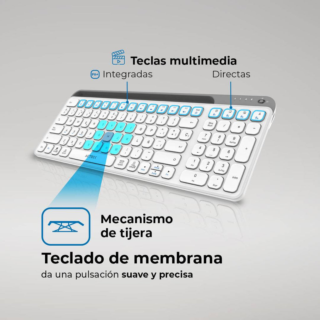 Teclado ACTECK TI747 Inalámbrico, Bluetooth 5.1/Dongle 2.4 MHz, Blanco