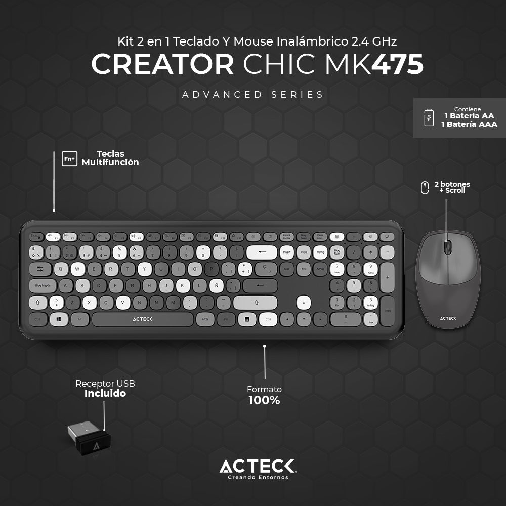 Kit Teclado y Mouse ACTECK MK475 Inalámbricos, 2.4hz