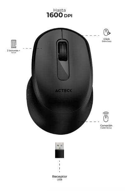 Mouse Acteck Optimize Ergo Mi470 / Inalambrico / Receptor Usb / Optico / 1600 Dpi Ajustable / 2 Botones Scroll / Ergonomico / Click Silencioso / Win Mac / Negro / Ac-934145
