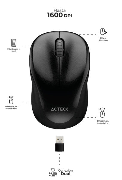 Mouse Acteck Optimize Trip Mi480 / Inalambrico / Receptor Usb / Laser / Click Silencioso / 1600 Dpi / Negro / Ac-934169