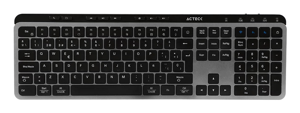 PC Gamer Teclado Acteck Inspire Krea Ti755 / Inalambrico Dual / Multidispositivo 2.4 Ghz + 2 Bt / Espa?Ol / Win - Mac / 118 Teclas / Bateria Recargable / Anti Ghosting / Negro - Gris / Ac-940085 - Mythic Mexico