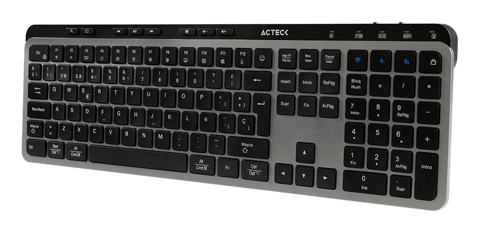 Teclado Acteck Inspire Krea Ti755 / Inalambrico Dual / Multidispositivo 2.4 Ghz + 2 Bt / Espa?Ol / Win - Mac / 118 Teclas / Bateria Recargable / Anti Ghosting / Negro - Gris / Ac-940085
