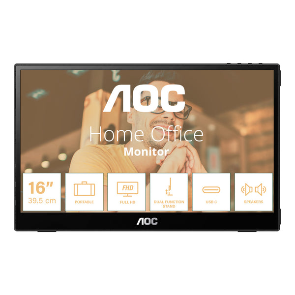 PC Gamer Monitor Portatil Led Aoc 16T20 / Color Negro / Panel Ips 15.6 / Usb-C / Aspecto 16:9 / T.D.Respuesta 20Ms / Resolucion 1920 X 1080 / 60 Hz / Contraste 50M:1 / Brillo 230 Cd/M2 / 3 A?Os De Garantia - México