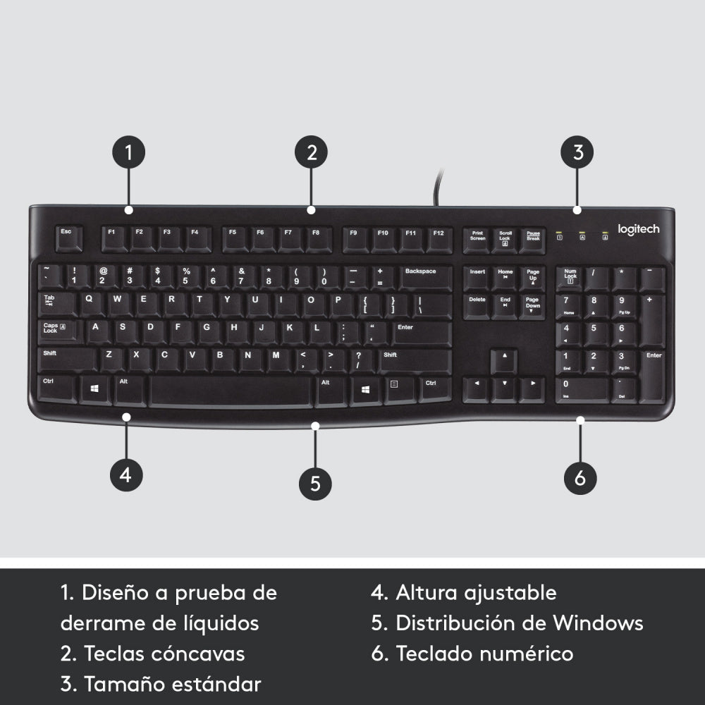 Teclado Logitech K120 Negro Alambrico Usb Pc / Windows Resistente A Derrames