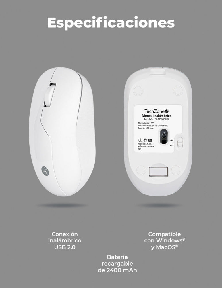 Mouse Techzone Tzacmoi49 Recargable Inalambrico Alta precisión 1200 Dpi 2.4 Ghz Blanco