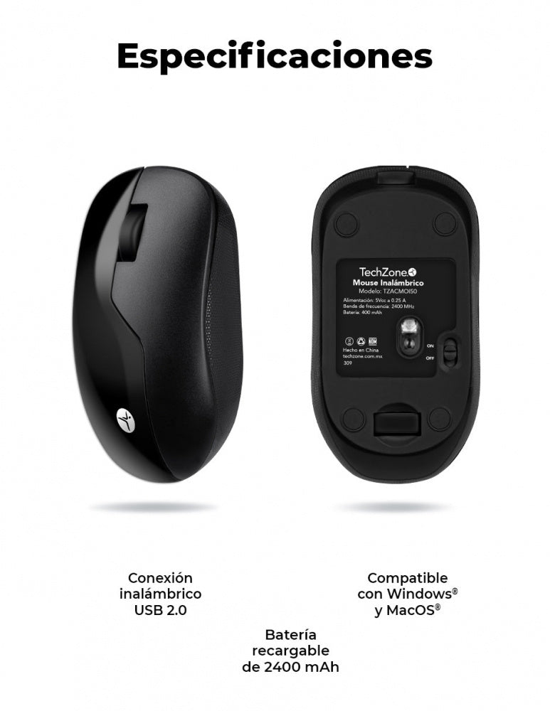 Mouse Techzone Tzacmoi50 Recargable Inalambrico Alta precisión 1200 Dpi 2.4 Ghz Negro