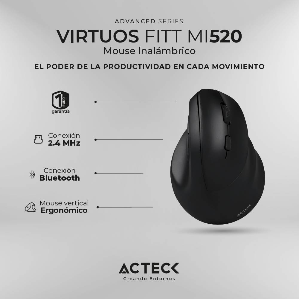Mouse Acteck AC-936224 Virtuos Fitt MI520 Óptico, Inalámbrico, RF USB/Bluetooth, 2400 DPI, Recargable, Negro