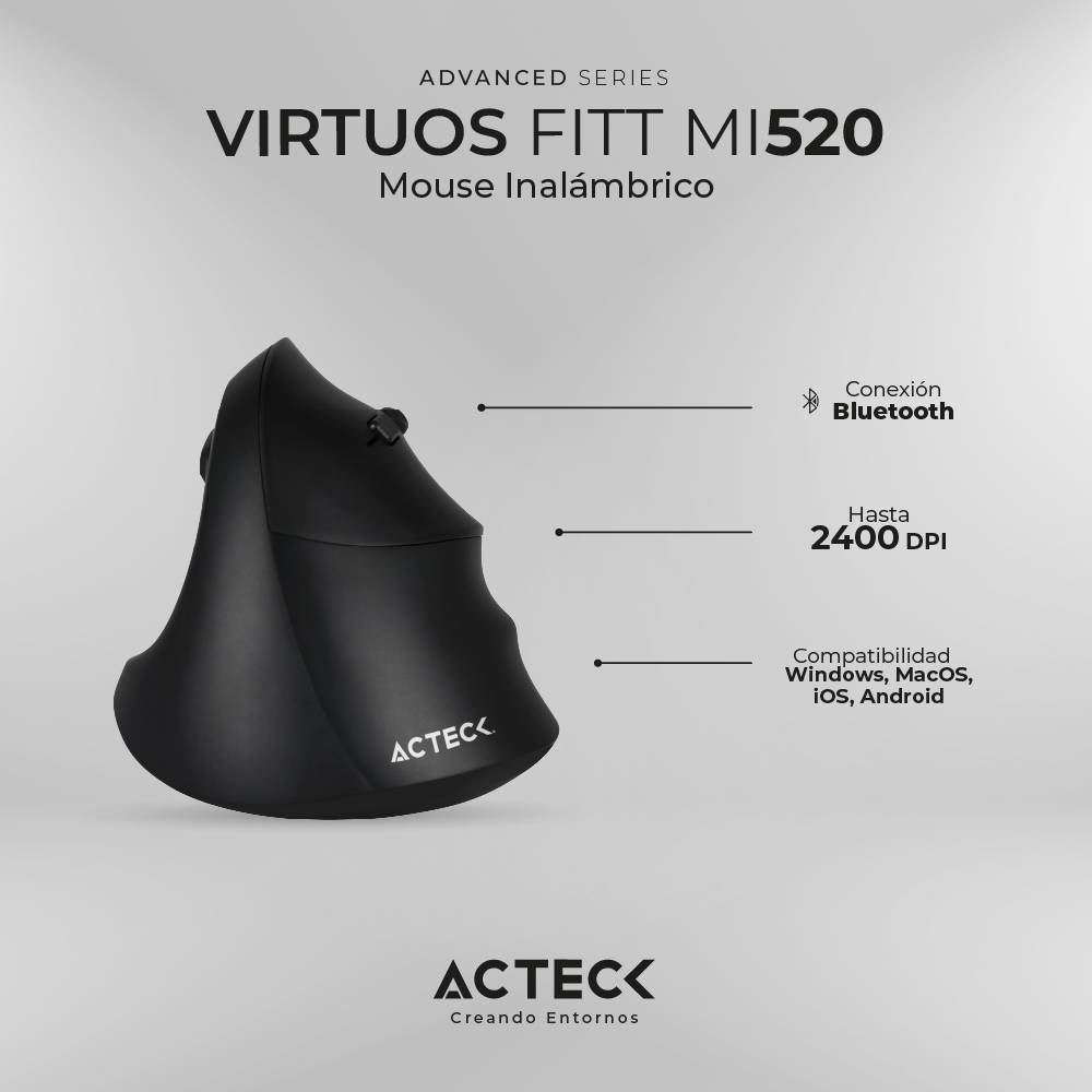 Mouse Acteck AC-936224 Virtuos Fitt MI520 Óptico, Inalámbrico, RF USB/Bluetooth, 2400 DPI, Recargable, Negro