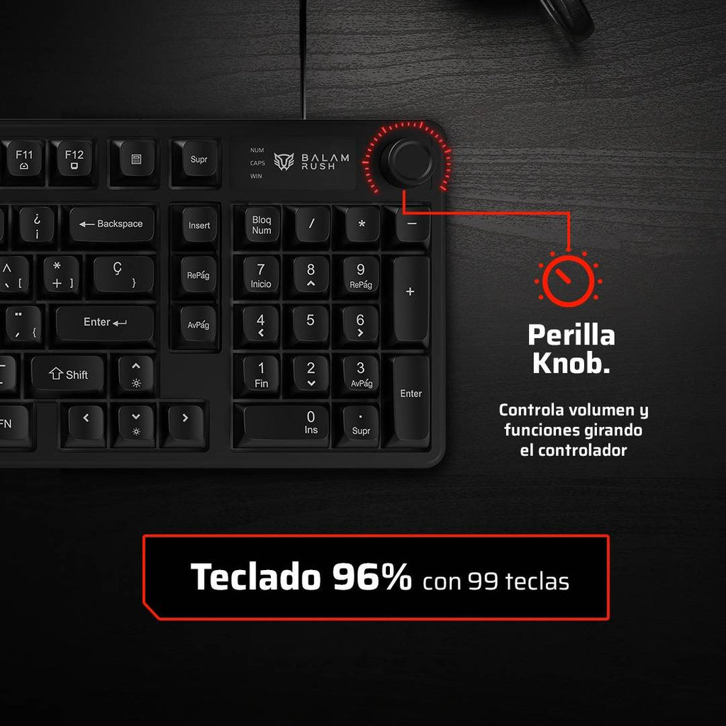 Teclado Balam Rush BR-945820 BALRAK PRO KG490 Alámbrico, 98 Teclas + Perilla, Retroiluminación, Antighosting, USB-C, Neg