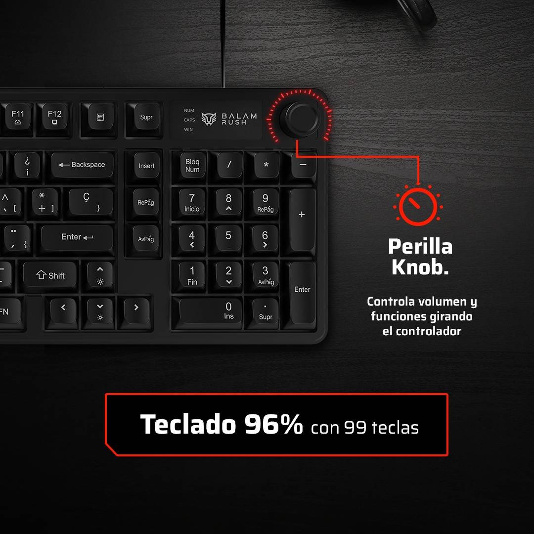 Teclado Balam Rush BR-945820 BALRAK PRO KG490 Alámbrico, 98 Teclas + Perilla, Retroiluminación, Antighosting, USB-C, Neg