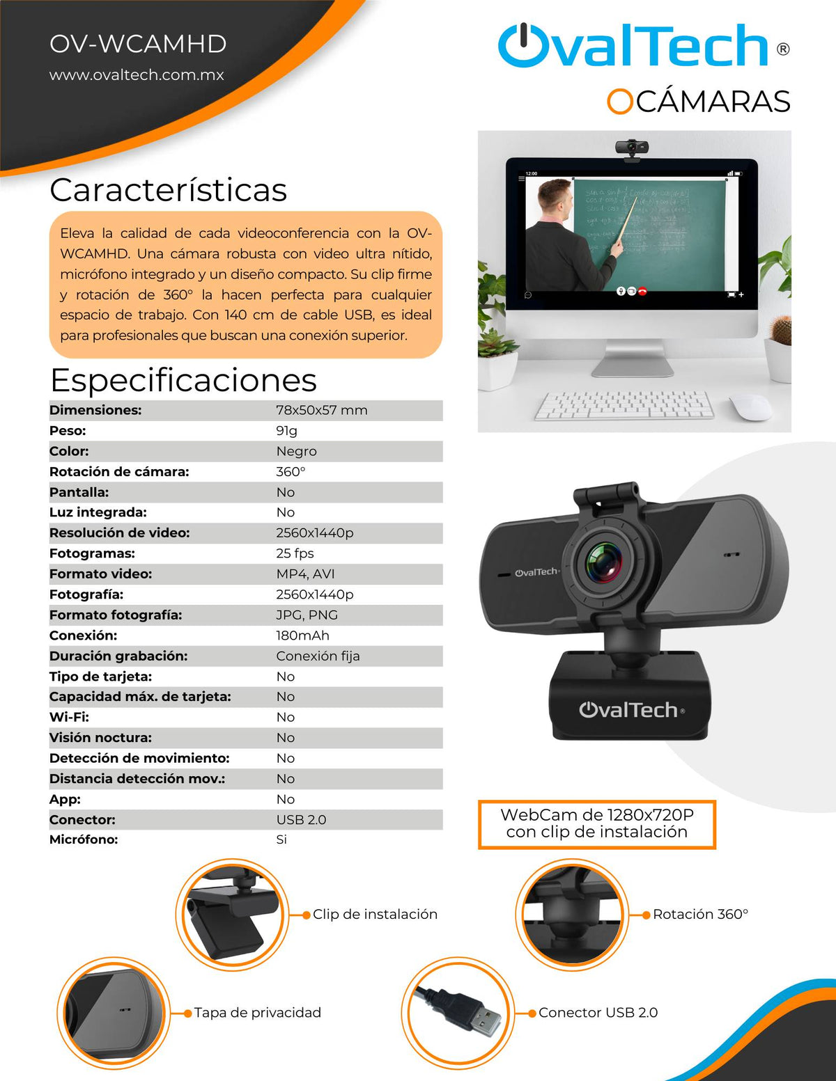 Webcam OVALTECH OV-WCAMHD, 1920 x 1080 Full HD, USB 2.0