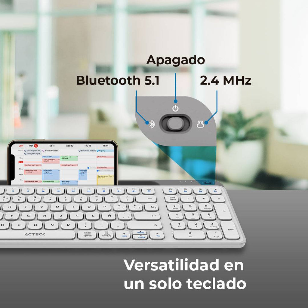 Teclado ACTECK TI747 Inalámbrico, Bluetooth 5.1/Dongle 2.4 MHz, Blanco