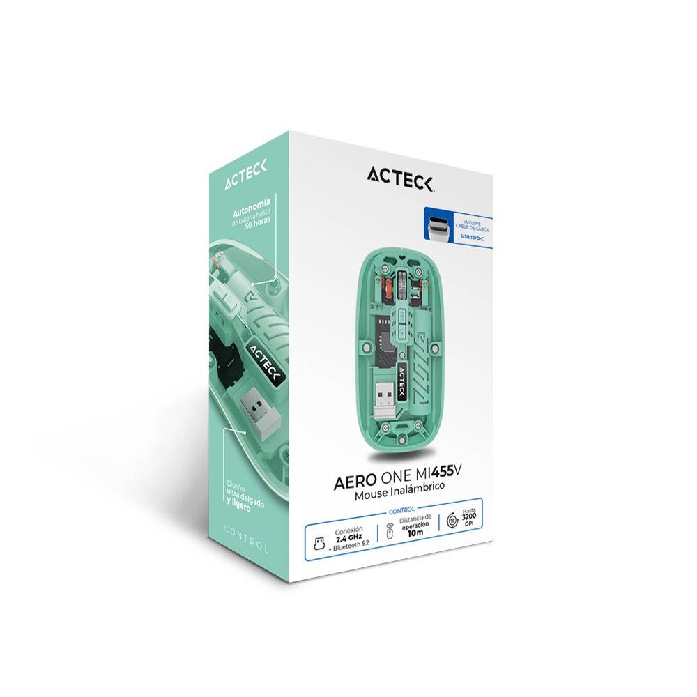 Mouse ACTECK Aero One MI455V Inalámbrico, 3200 DPI, 2.4 GHz/Bluetooth 5.2, Verde